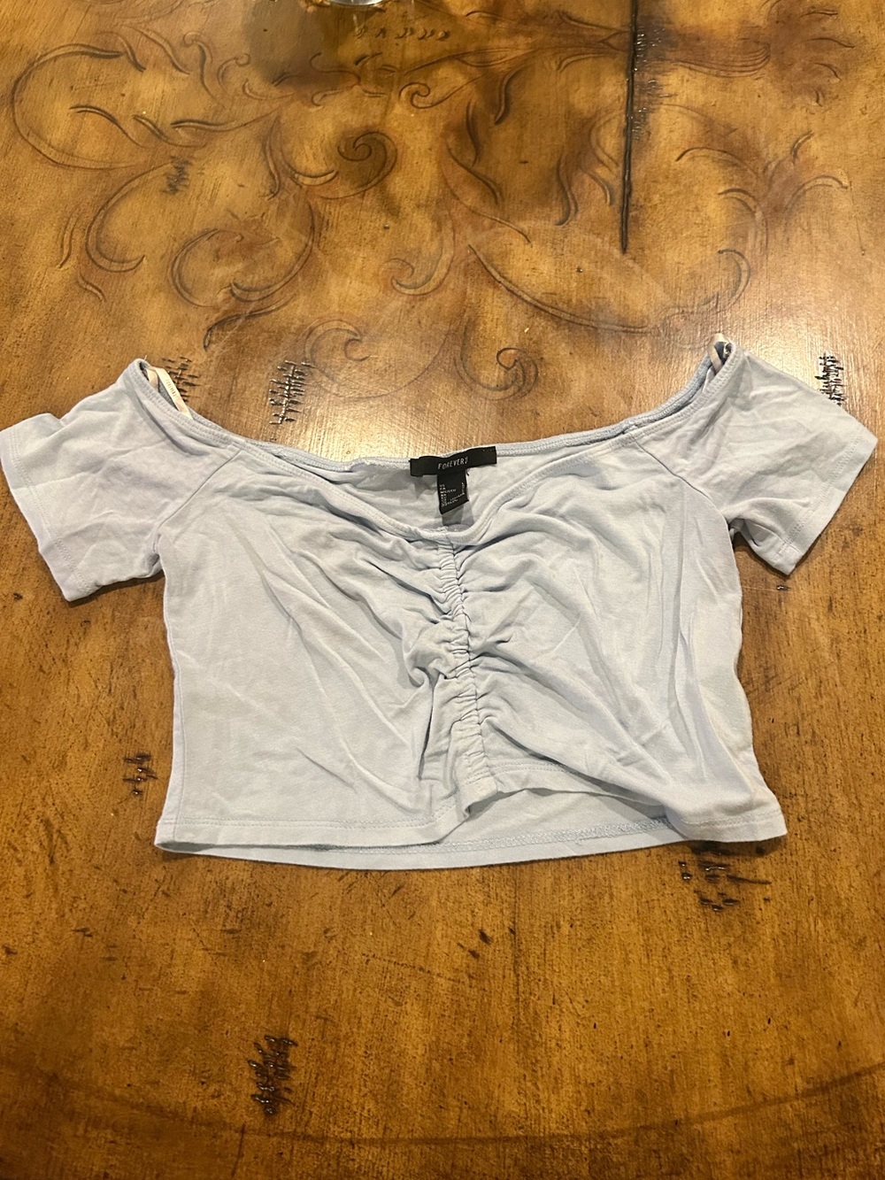 Forever 21 Pale Blue Off-Shoulder Ruched Crop Top